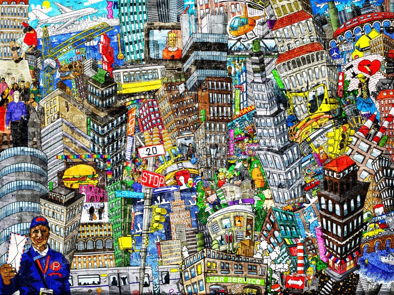 Graffiti, miasto, ilustracja wielki kolaż ilustracji