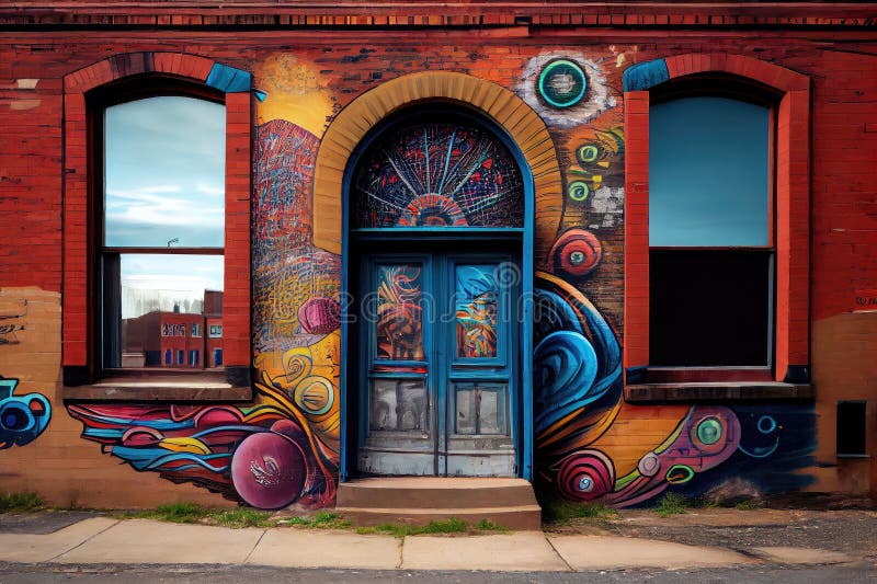 Graffiti Mural on the Side of a Building, with Windows and Doors in the