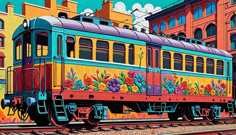 Graffiti pop art wagony kolejowe szlaki miejskie kwiatki ilustracji