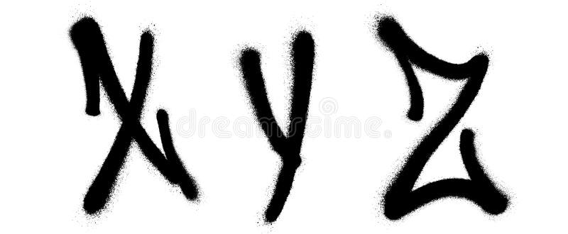 Graffiti spray font alphabet with a spray in black over white. Vector illustration. Part 7