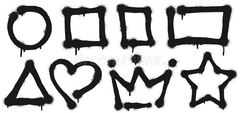 Graffiti spray frames. Sprayed circle shape, paint square and rectangle frame. Heart, crown and star shapes vector stock illustration