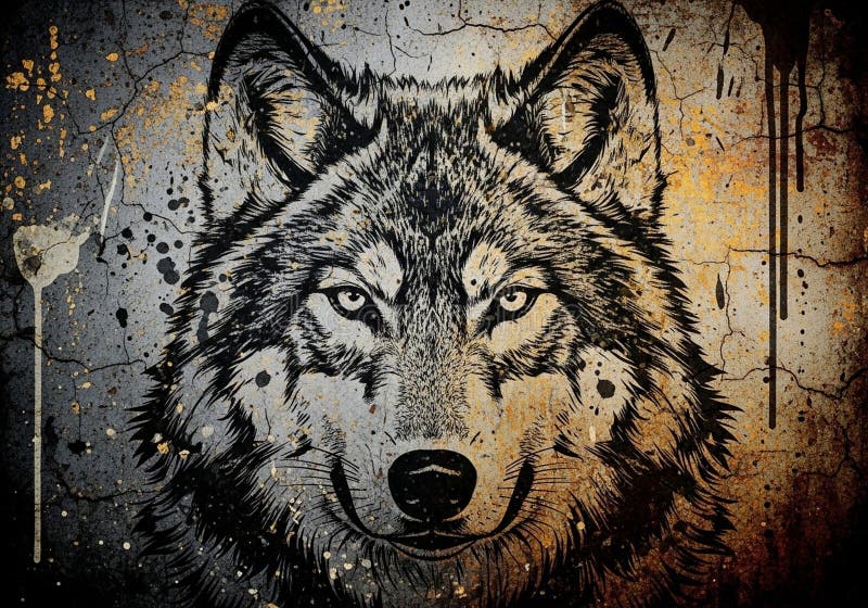 Graffiti-style artwork of a wolf\'s head on a textured, cracked surface stock illustration