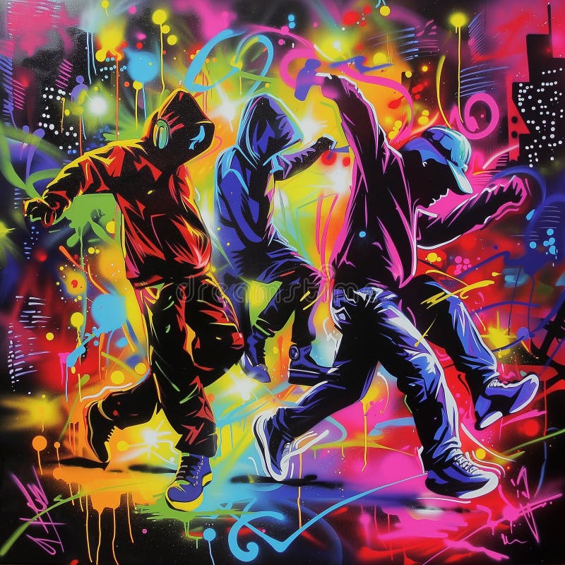 Graffiti tańczy pod latarniami miasta w nocy 2 ilustracji