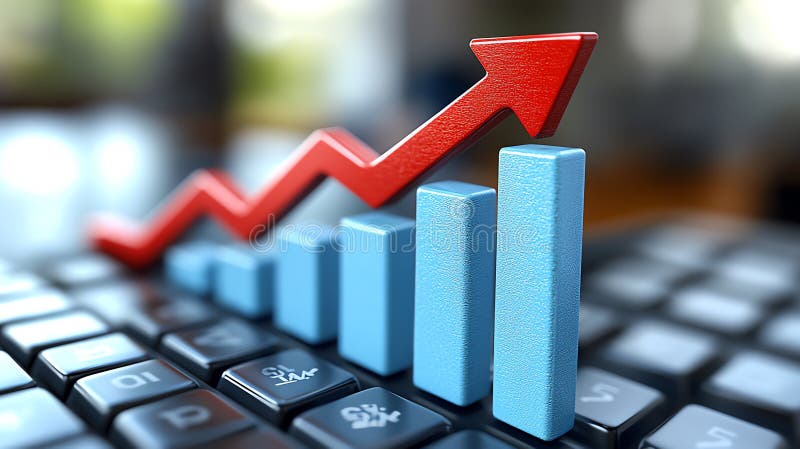 Grafic colorat care arată creșterea pe o tastatură indicând tendințele activității și succesul stock illustration