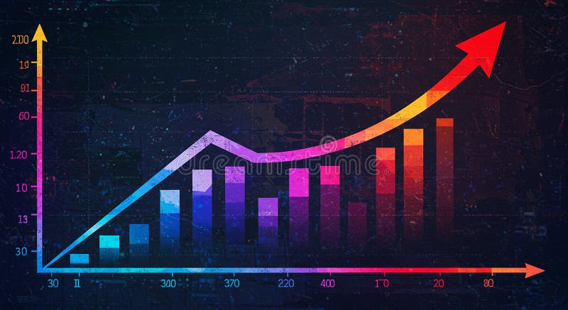 Grafic colorat pe un fundal întunecat cu diagrame de linii ascendente. Bare stock illustration