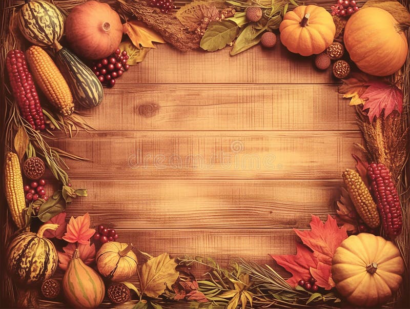 Grafica generativa del raccolto o del Ringraziamento con frutta e gourmet su una tavola di legno rustica. royalty illustrazione gratis
