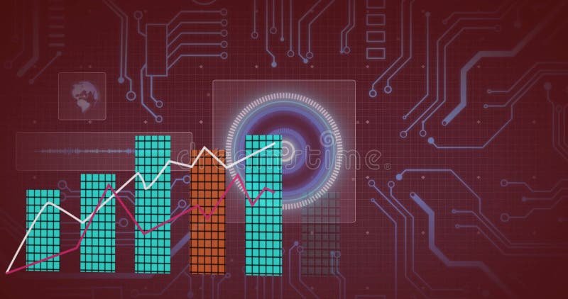 Grafice cu bare și linii peste placa de circuite digitale și animație circulară abstractă vector illustration