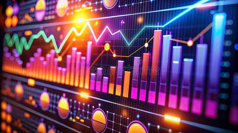 Grafice și diagrame de tip „purpleorange” cu vizualizare dinamică a datelor, cu o adâncime excepțională a câmpului, ideale pentru stock illustration