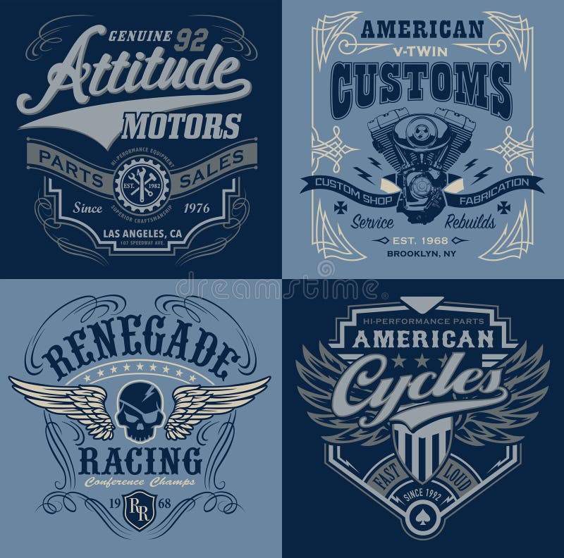 Grafici d'annata della maglietta dell'emblema del motorsport illustrazione vettoriale Grafici d'annata della maglietta dell'emblema del motorsport illustrazione vettoriale