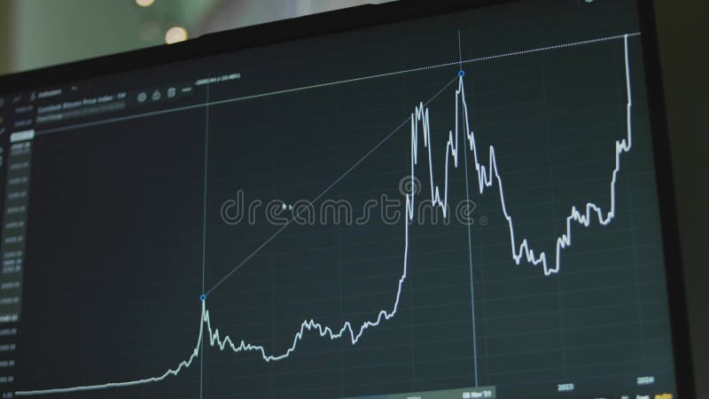 Grafico della valuta bitcoin con linee sullo schermo del computer. utilizzo dello strumento linee cicliche per l'analisi dei grafi