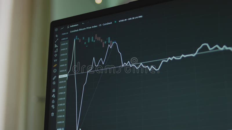 Grafico della valuta bitcoin con linee sullo schermo del computer. utilizzo dello strumento di alimentazione fantasma per l'analis