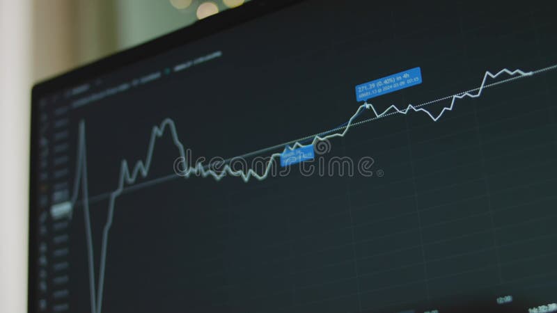 Grafico della valuta bitcoin con linee sullo schermo del computer. utilizzo dello strumento di previsione per l'analisi del grafic