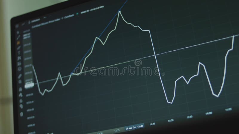 Grafico della valuta bitcoin con linee sullo schermo del computer. utilizzo dello strumento pitchfan per l'analisi del grafico. cr