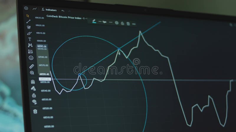 Grafico della valuta bitcoin con linee sullo schermo del computer. utilizzo dello strumento a spirale di fibrillazione per l'anali