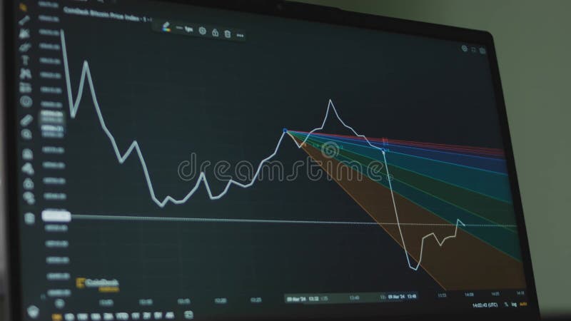 Grafico della valuta bitcoin con linee sullo schermo del computer. utilizzo dello strumento ventilatore di gann per l'analisi del