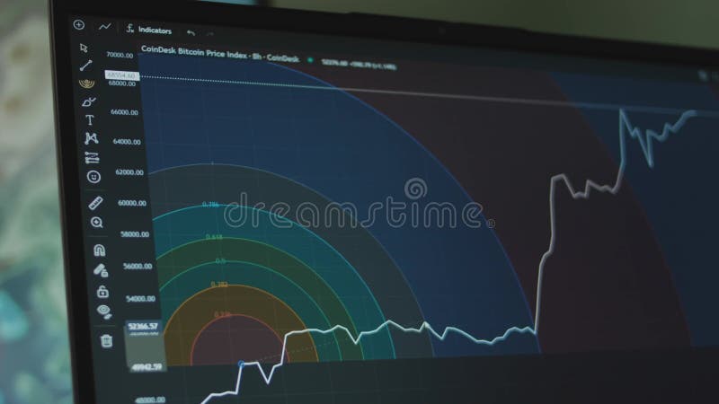 Grafico della valuta bitcoin con linee sullo schermo del computer. utilizzo di archi di resistenza alla velocità in fibrillazione