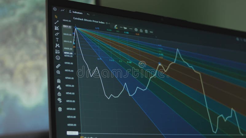 Grafico della valuta bitcoin con linee sullo schermo del computer. utilizzo di uno strumento di ventilazione a resistenza di veloc