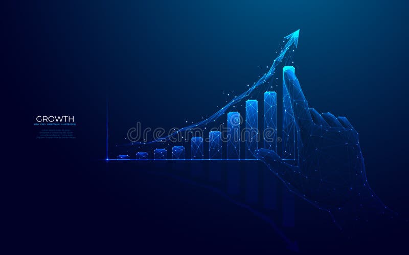 Grafico di crescita. freccia digitale rivolta verso l'alto e barra dell'istogramma. illustrazione di stock
