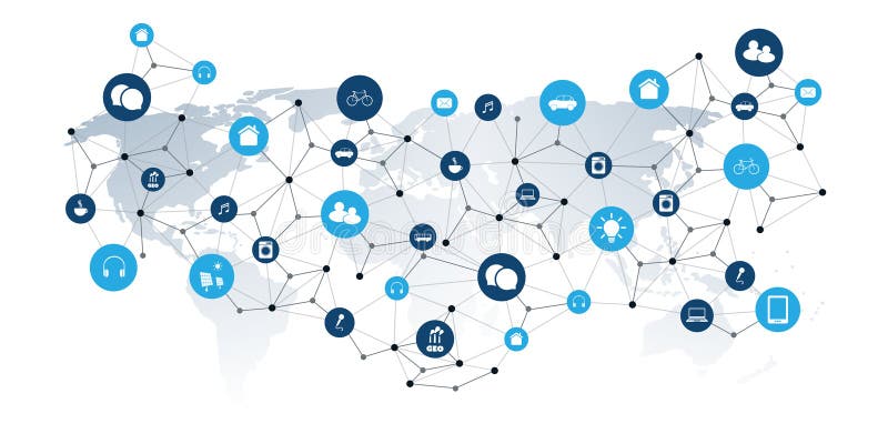 Grafika wektorowa ilustrująca komunikację IoT i łączność globalną. Mapa świata jest nałożona siecią węzłów i ikon royalty ilustracja