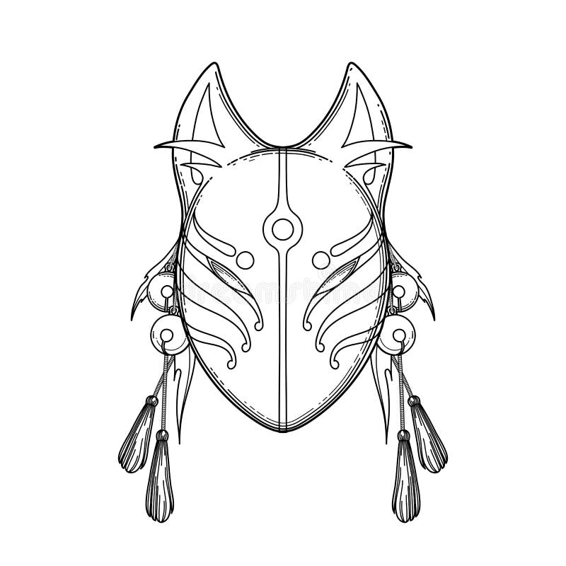 Graphic mask of japanese demon kitsune isolated on white background. Translation of the hieroglyph - fox. Coloring book page design for adults and kids. Graphic mask of japanese demon kitsune isolated on white background. Translation of the hieroglyph - fox. Coloring book page design for adults and kids