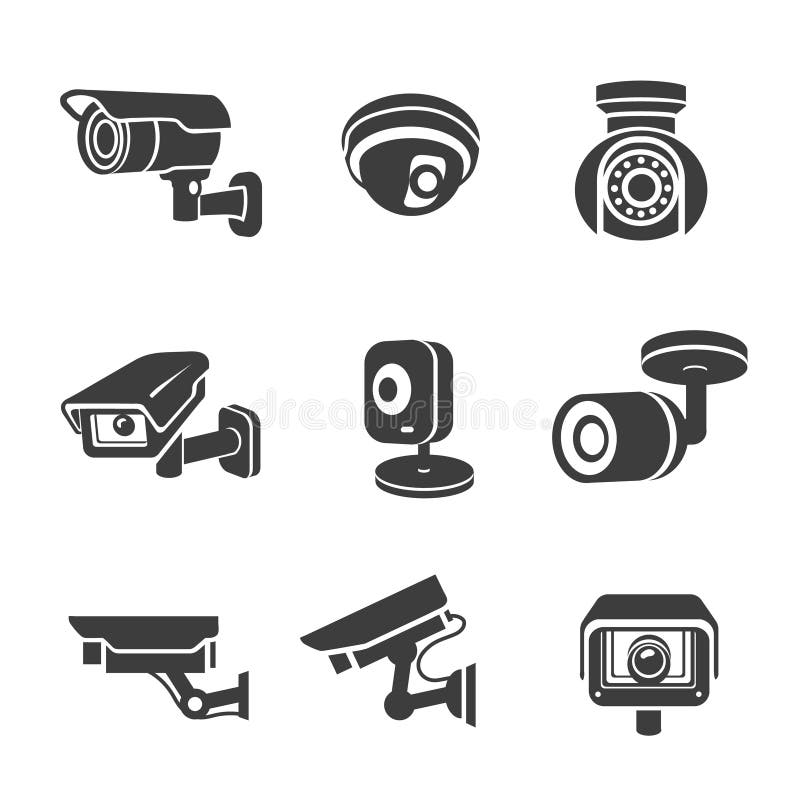 Grafische Ikonenpiktogramme der Videoüberwachungsüberwachungskameras eingestellt stock abbildung Grafische Ikonenpiktogramme der Videoüberwachungsüberwachungskameras eingestellt stock abbildung