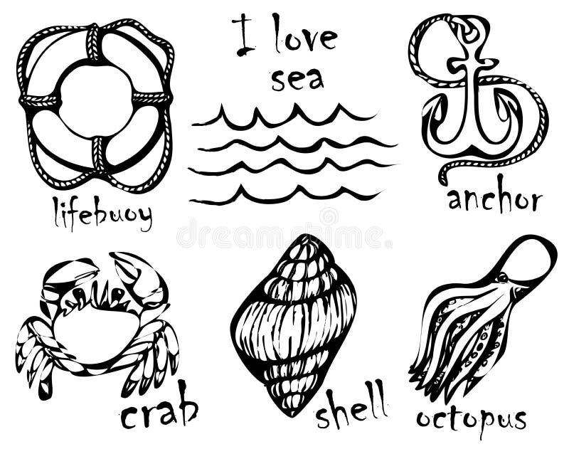 Graphic drawings of marine animals. Imitation of graphic drawings in ink. Drawing and creativity on the sea theme. Vector illustration. Graphic drawings of marine animals. Imitation of graphic drawings in ink. Drawing and creativity on the sea theme. Vector illustration.