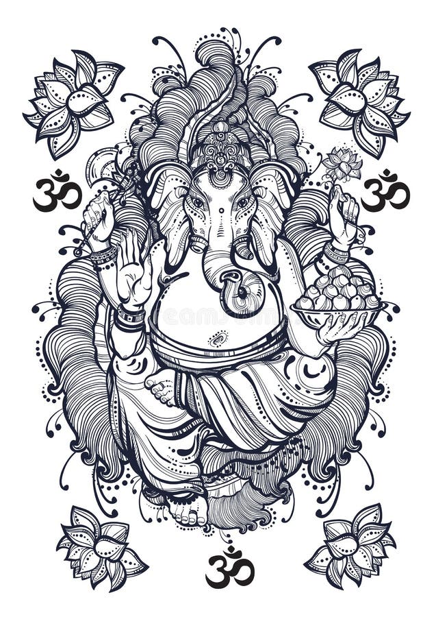 Grafisk stil Lord Ganesha för tappning med härliga blom- beståndsdelar Högkvalitativ vektorillustration, tatueringkonst, yoga, in