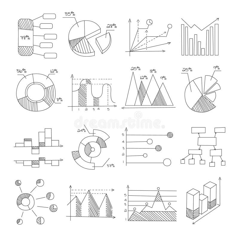 Grafiska framställningsdiagram för data av olik för designmallar för typer hand dragen monokrom stil med blyerts royaltyfri illustrationer