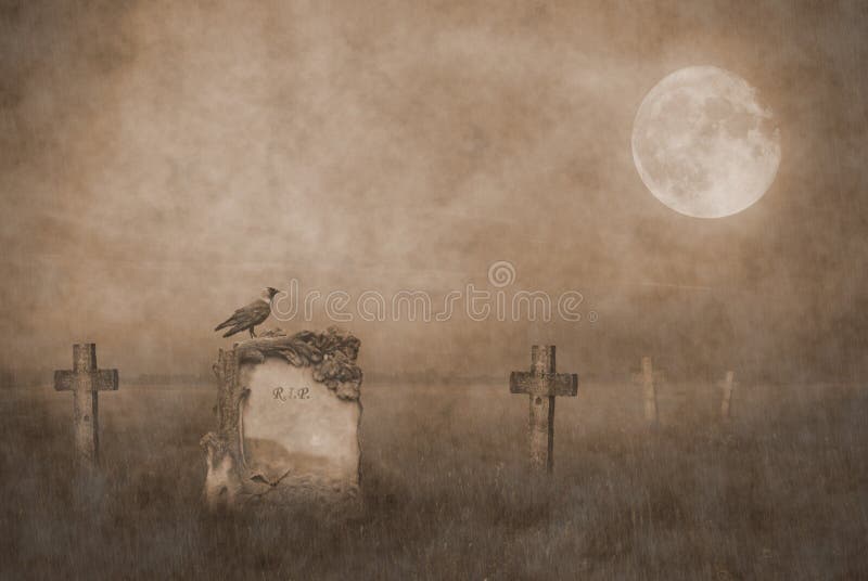 Crow sitting on a gravestone in moonlight. Crow sitting on a gravestone in moonlight