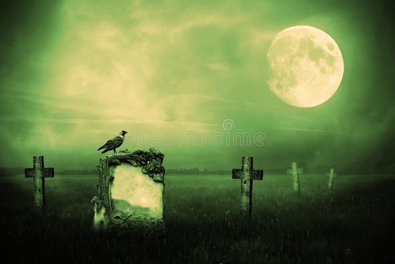 Crow sitting on a gravestone in moonlight. Crow sitting on a gravestone in moonlight