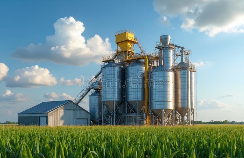 Grain elevator complex with silver silos stands in lush green cornfield under blue sky with fluffy clouds. Industrial facility vector illustration