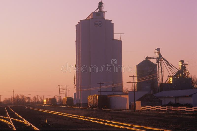 Grain silo co-op in KS at sunset