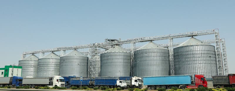 Grain silos Grain terminal. Agriculture business. Summer harvest