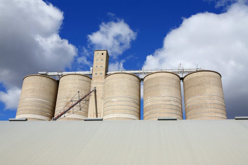 Grain Storage Towers in California Central Valley Farm Country Stock