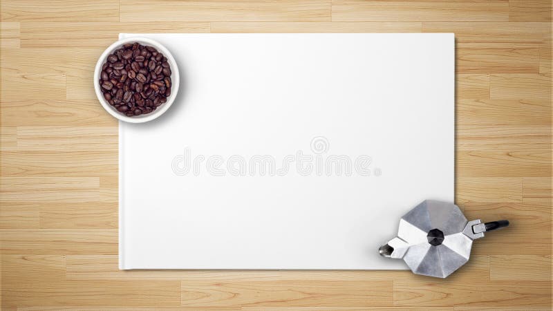 Grains de café dans la cuvette avec le fabricant de café sur le livre blanc photos libres de droits Grains de café dans la cuvette avec le fabricant de café sur le livre blanc photos libres de droits