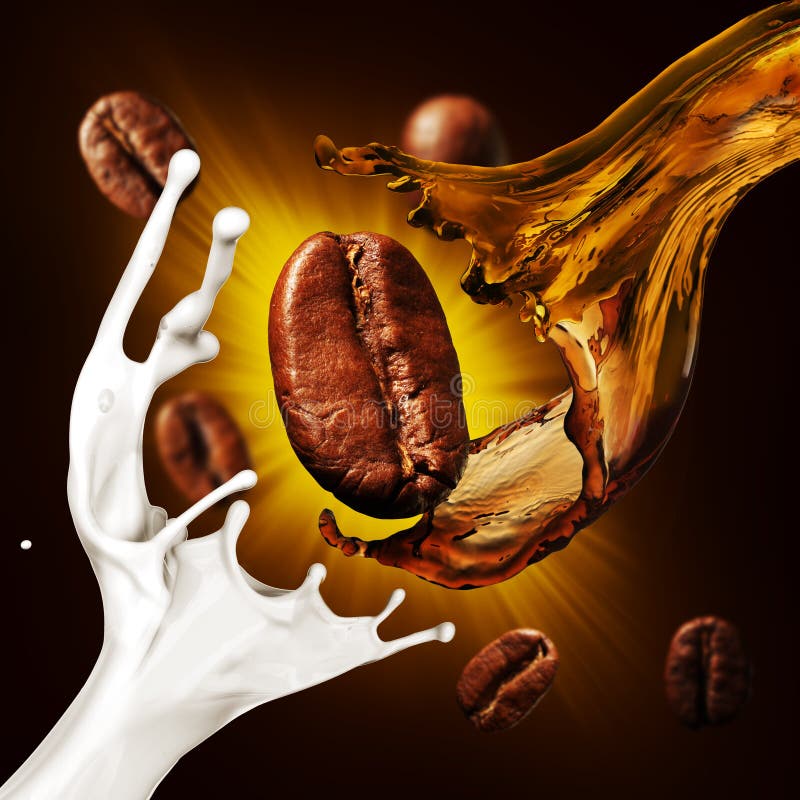 Grains de café et une éclaboussure de café et de lait photo libre de droits Grains de café et une éclaboussure de café et de lait photo libre de droits