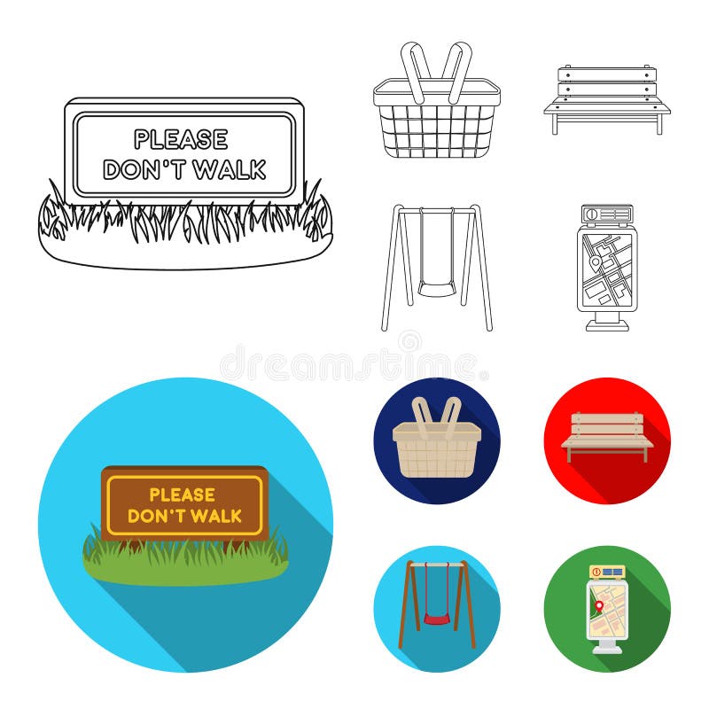 Gramado com um sinal, uma cesta com alimento, um banco, um balanço Ícones ajustados da coleção do parque no esboço, símbolo liso ilustração royalty free Gramado com um sinal, uma cesta com alimento, um banco, um balanço Ícones ajustados da coleção do parque no esboço, símbolo liso ilustração royalty free