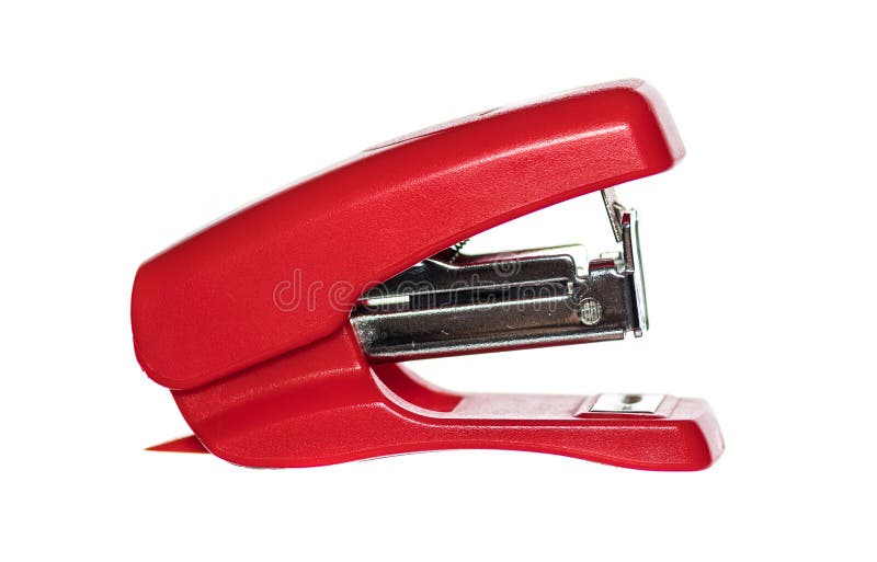 Grampeador vermelho curto pequeno no fundo branco fotos de stock royalty free Grampeador vermelho curto pequeno no fundo branco fotos de stock royalty free