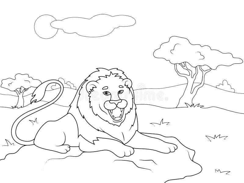 Gran león yace en la sabana africana. página de color para niños página completa lista para imprimir. ilustración del vector