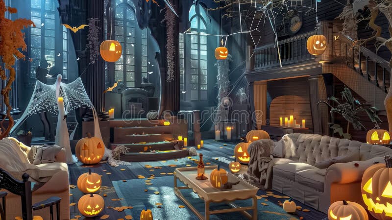 Gran salotto decorato per Halloween con giacche luccicanti e pipistrelle di pennello illustrazione vettoriale