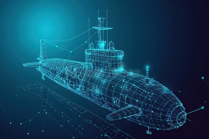 Gran submarino hermoso flotando en el medio del océano profundo durante la composición vívida abstracta de la misión consiste en stock de ilustración
