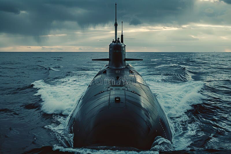 Gran submarino hermoso flotando en el medio del océano profundo durante la composición vívida abstracta de la misión consiste en stock de ilustración