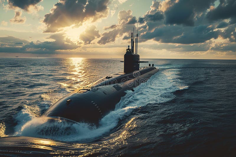 Gran submarino hermoso flotando en el medio del océano profundo durante la composición vívida abstracta de la misión consiste en ilustración del vector
