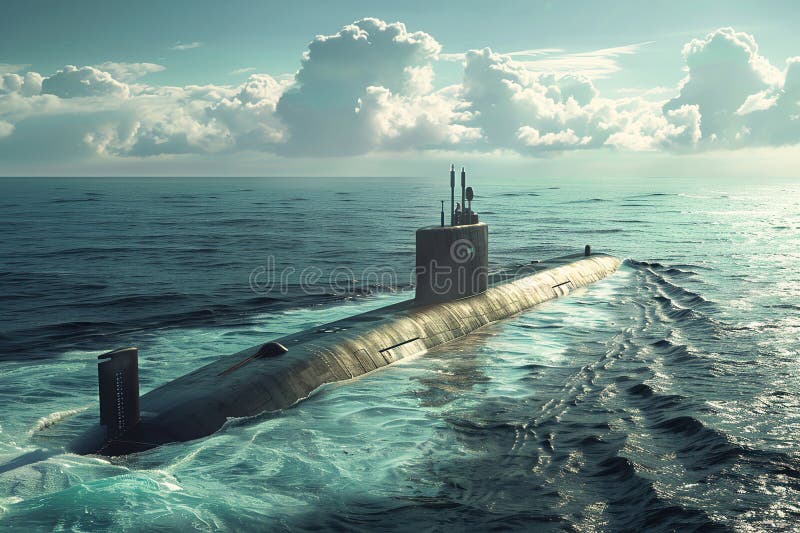 Gran submarino hermoso flotando en el medio del océano profundo durante la composición vívida abstracta de la misión consiste en ilustración del vector