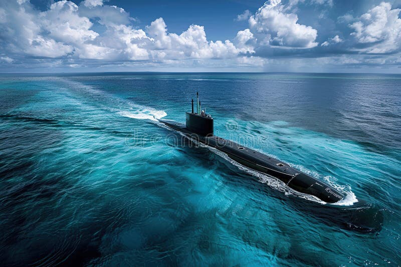 Gran submarino hermoso flotando en el medio del océano profundo durante la composición vívida abstracta de la misión consiste en ilustración del vector