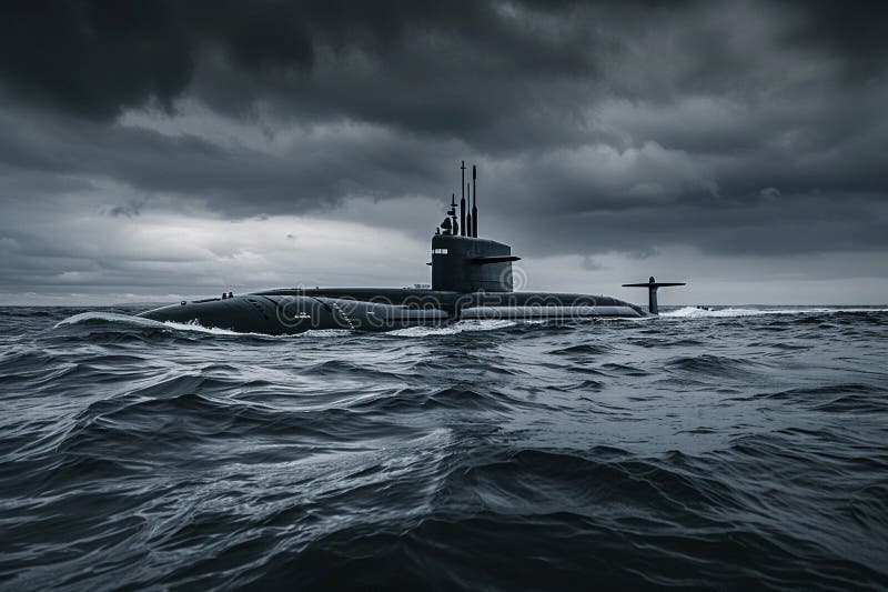 Gran submarino hermoso flotando en medio del océano durante la misión ilustración del vector