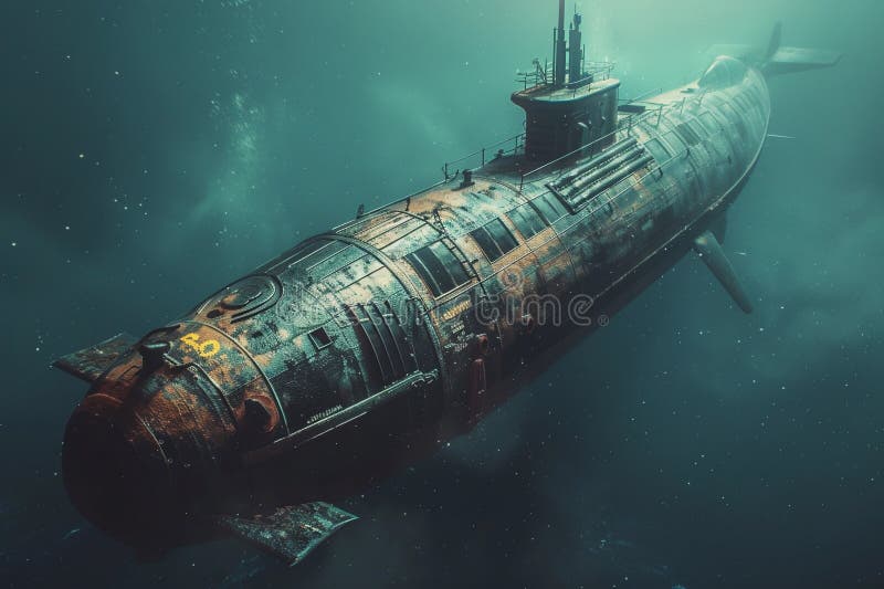 Gran submarino hermoso flotando en medio del océano durante la misión stock de ilustración