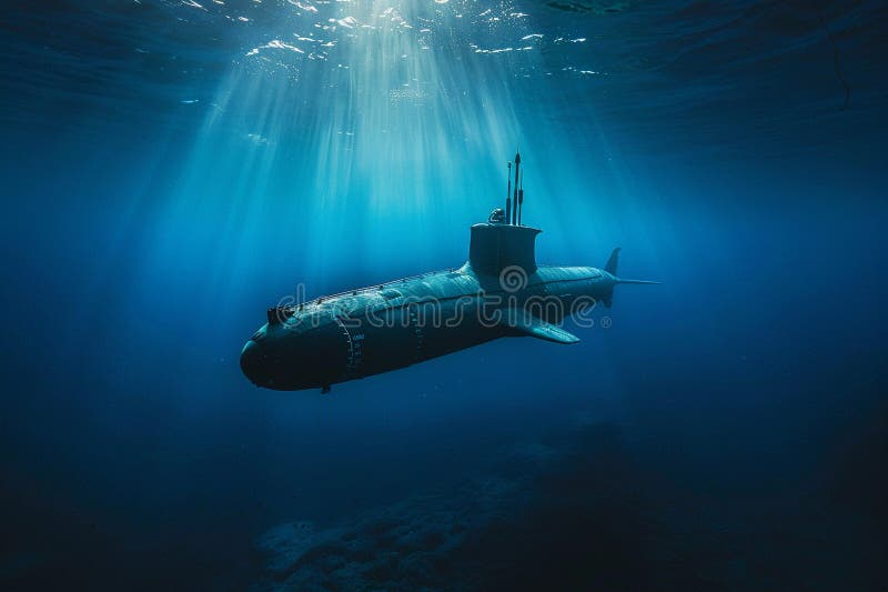Gran submarino hermoso flotando en medio del océano durante la misión ilustración del vector