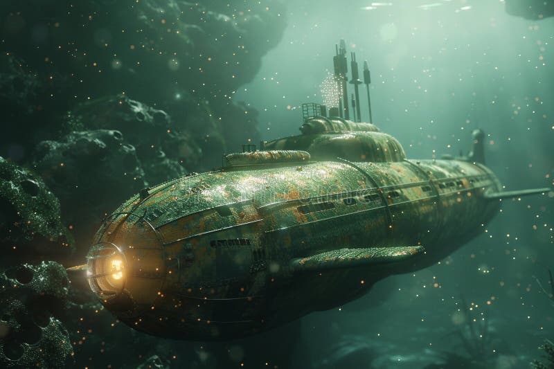 Gran submarino hermoso flotando en medio del océano durante la misión stock de ilustración