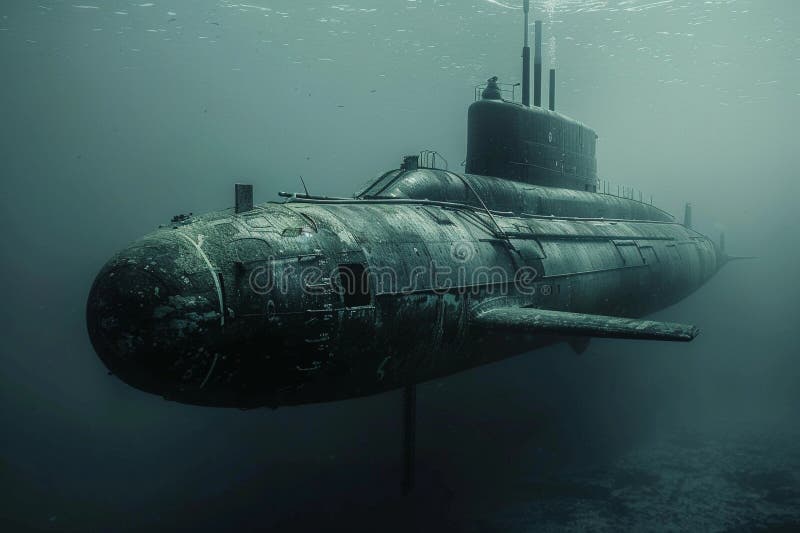 Gran submarino hermoso flotando en medio del océano durante la misión stock de ilustración